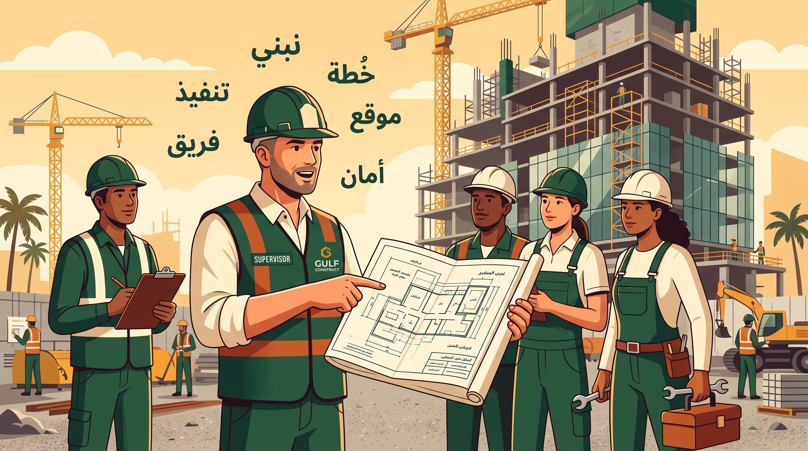 Supervisor in a hard hat instructing workers on a Gulf building site