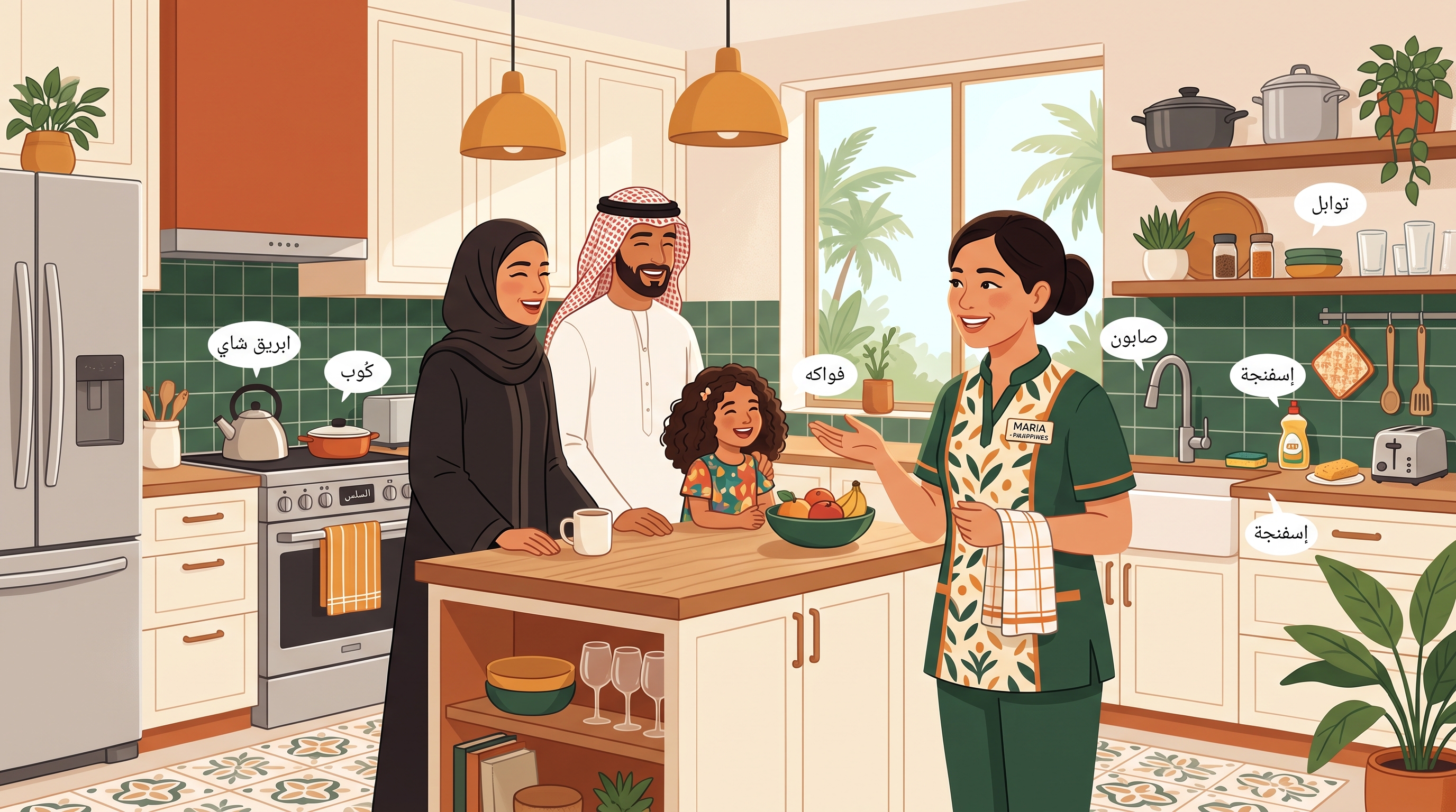 Housekeeper smiling and talking with a family in a bright kitchen