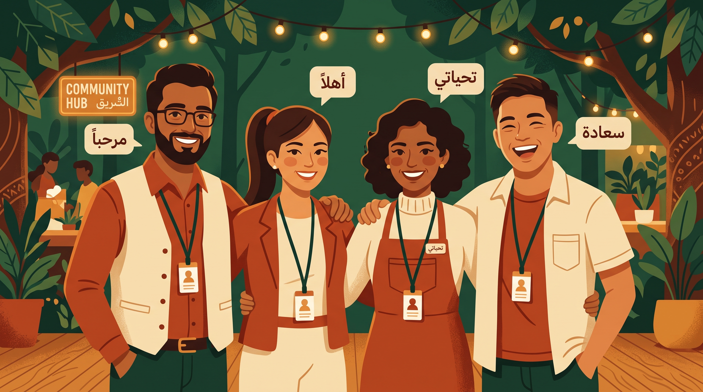 Diverse group of expat workers smiling together with Arabic word bubbles