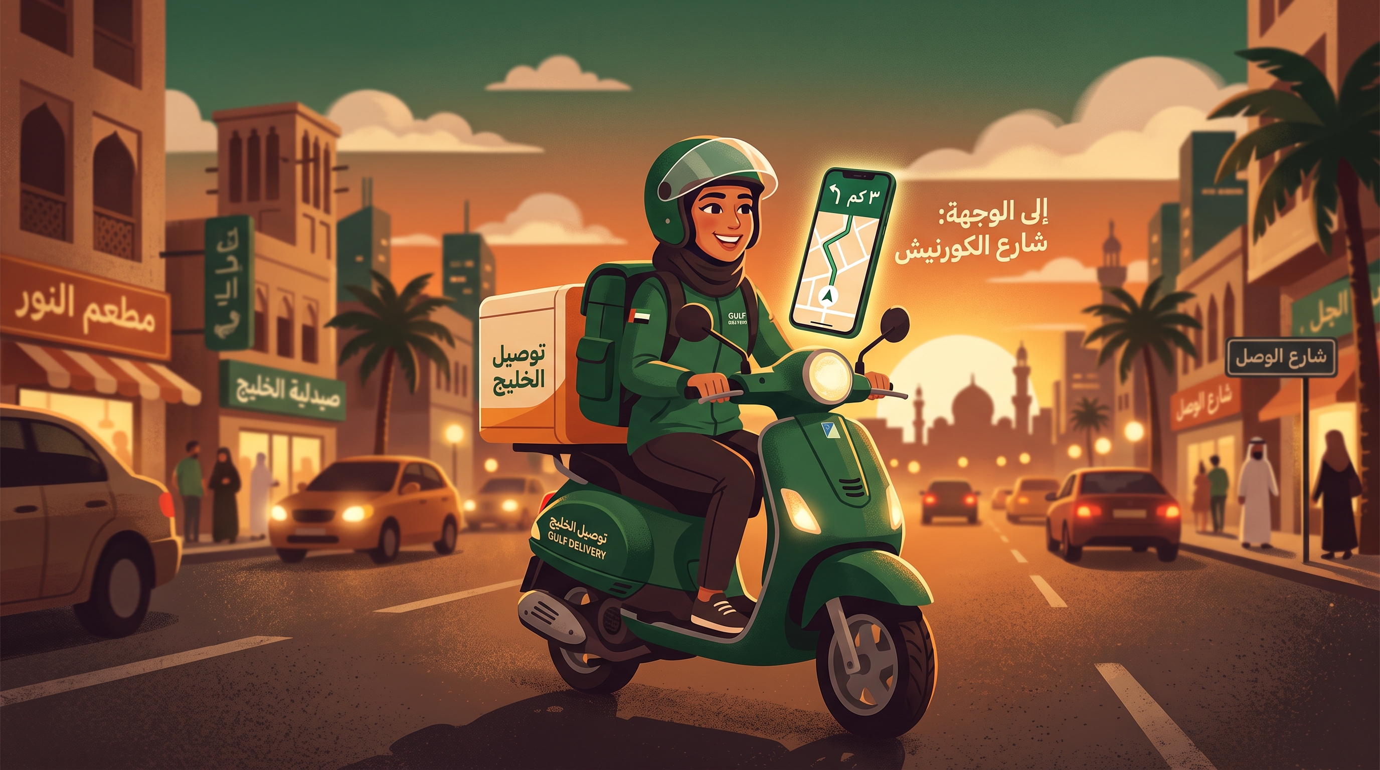 Delivery rider on a scooter in a Gulf city at golden hour