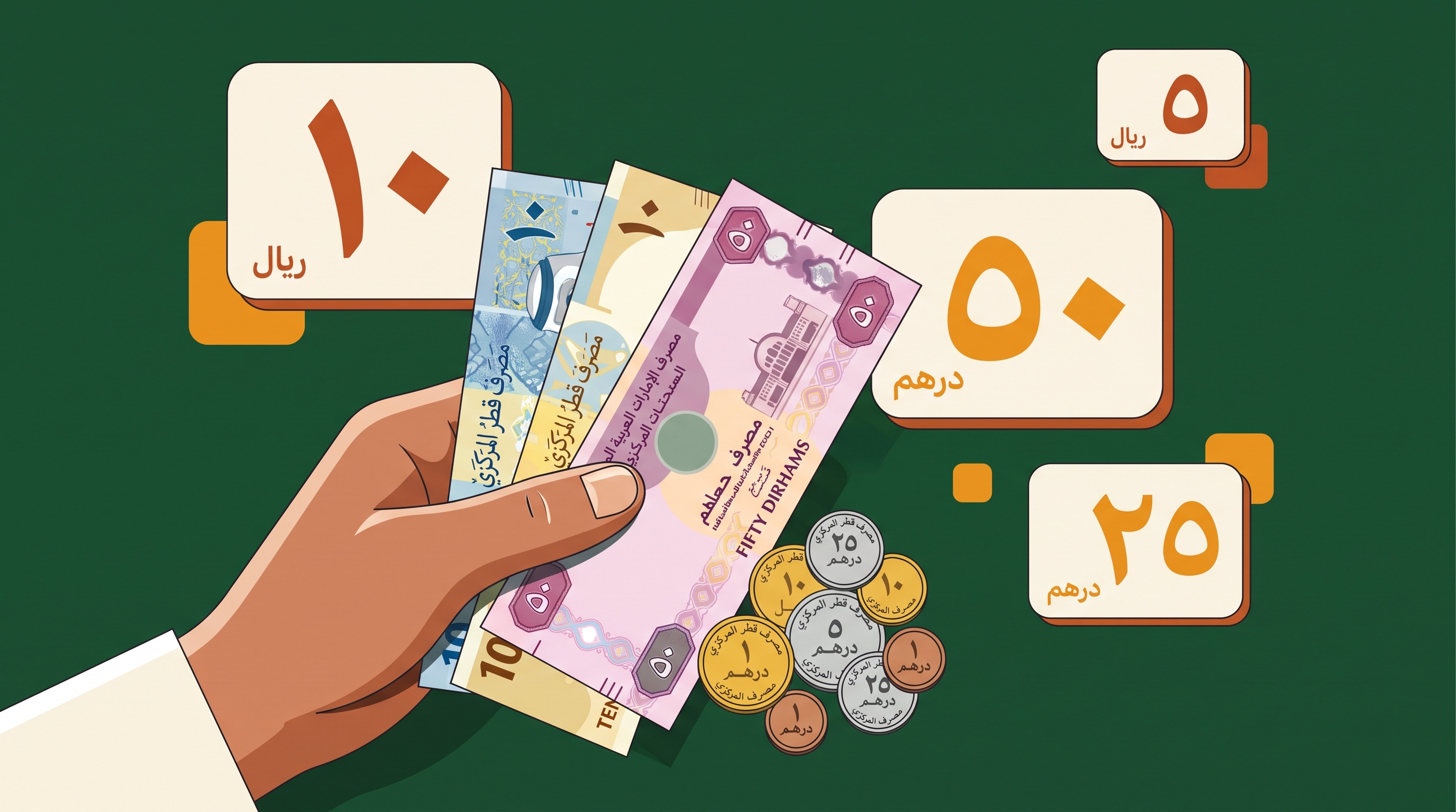 Hand holding Gulf currency with large Arabic numerals floating above