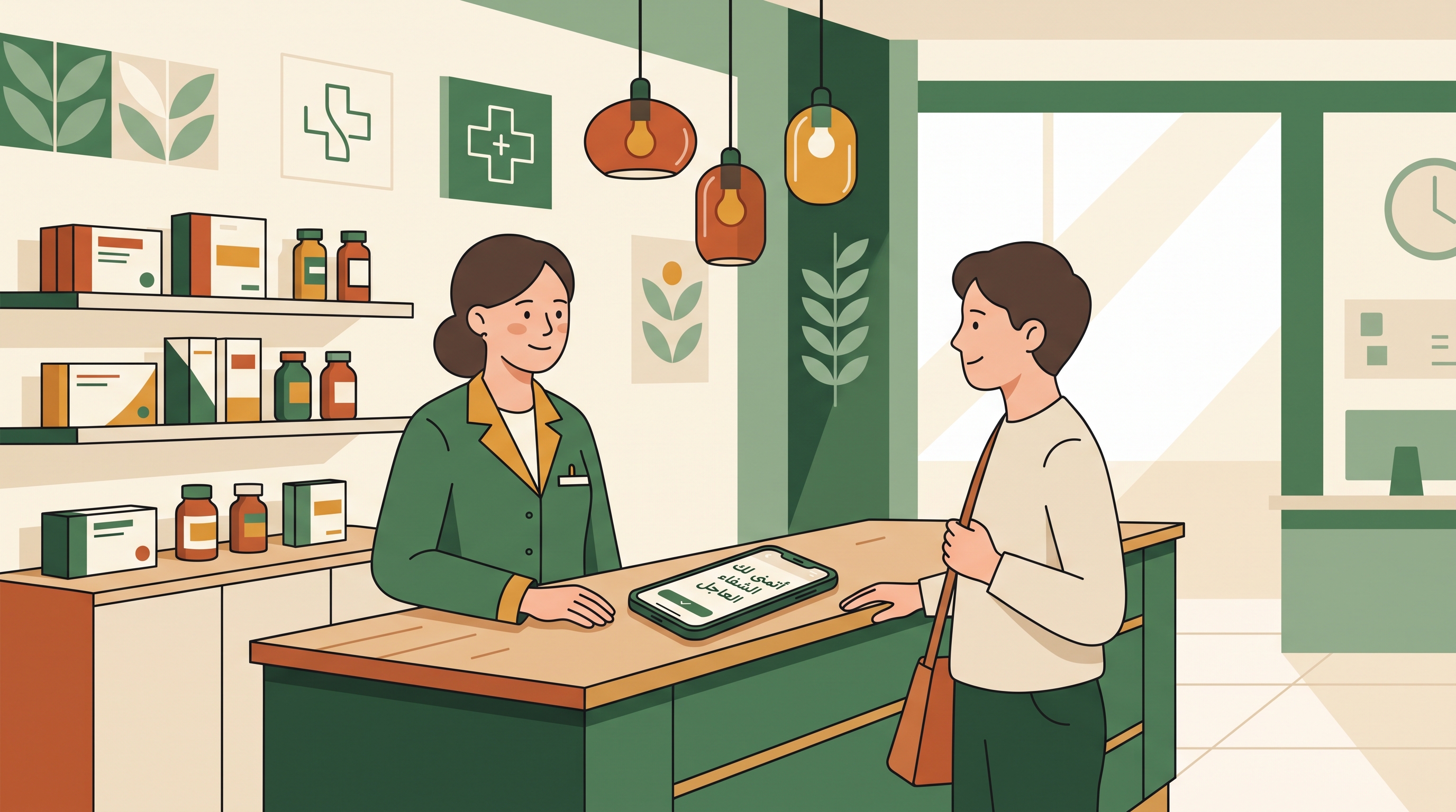 Patient talking to a pharmacist across a counter with a phone between them