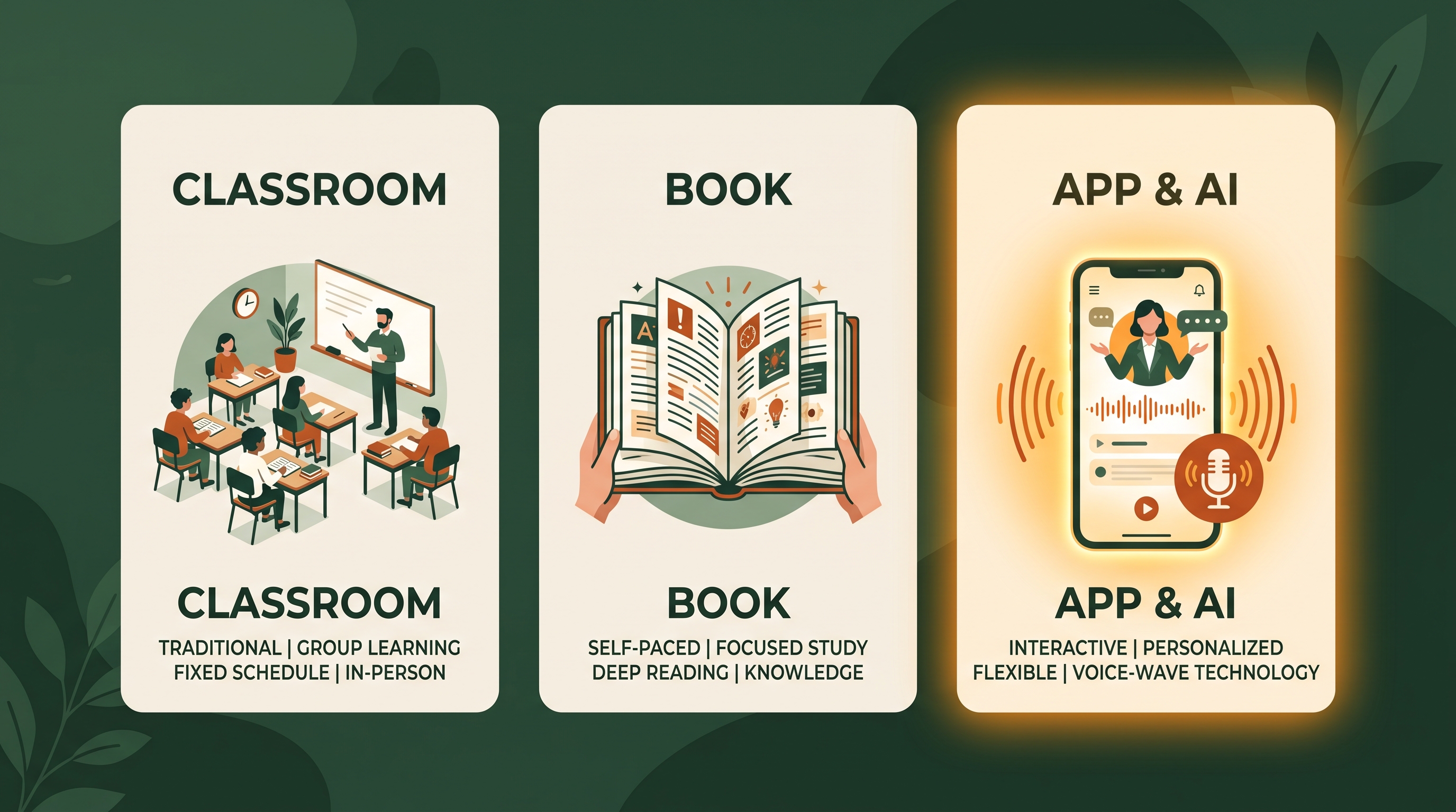 Comparison of a classroom, a book and a smartphone with a voice mic