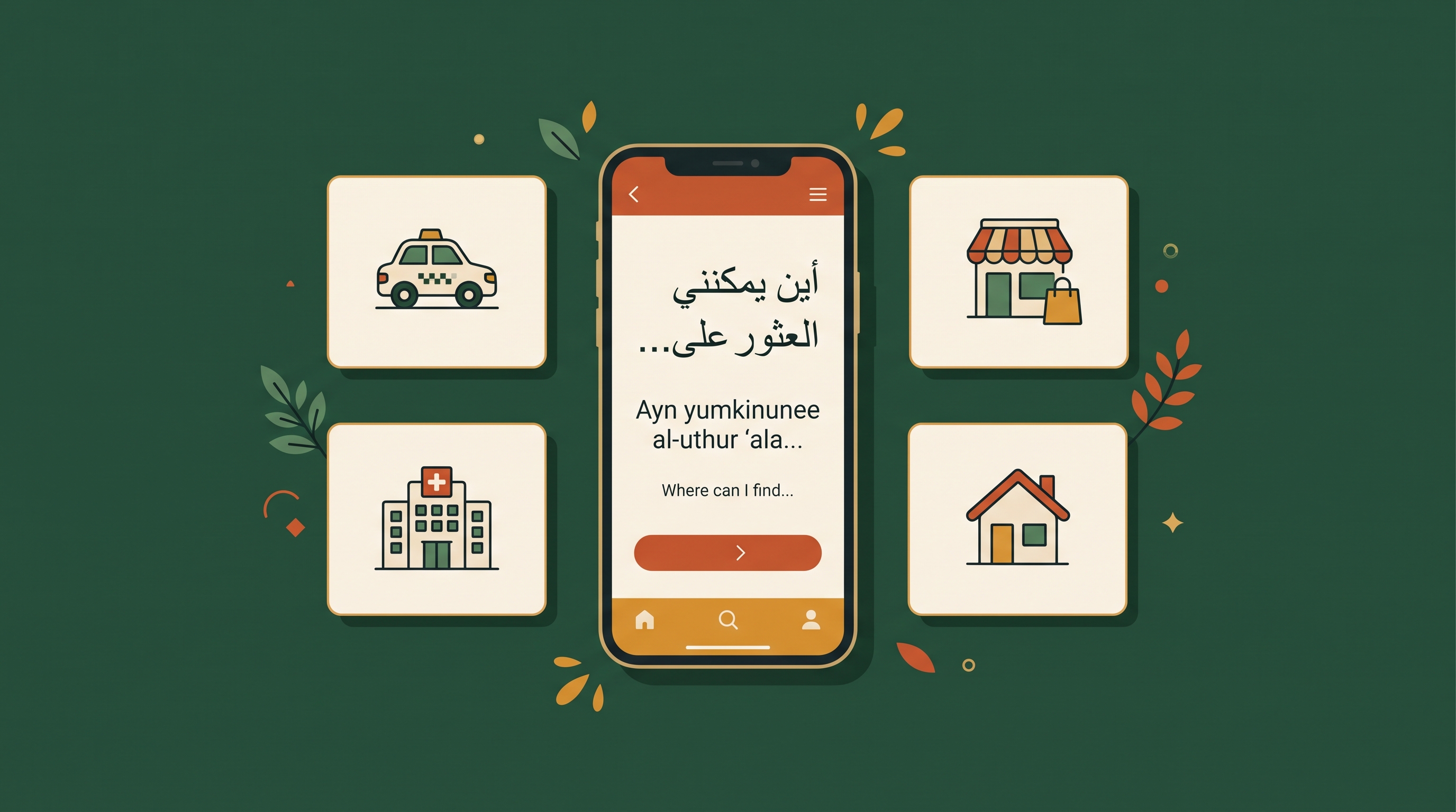Phone showing an Arabic phrase surrounded by daily-life icons