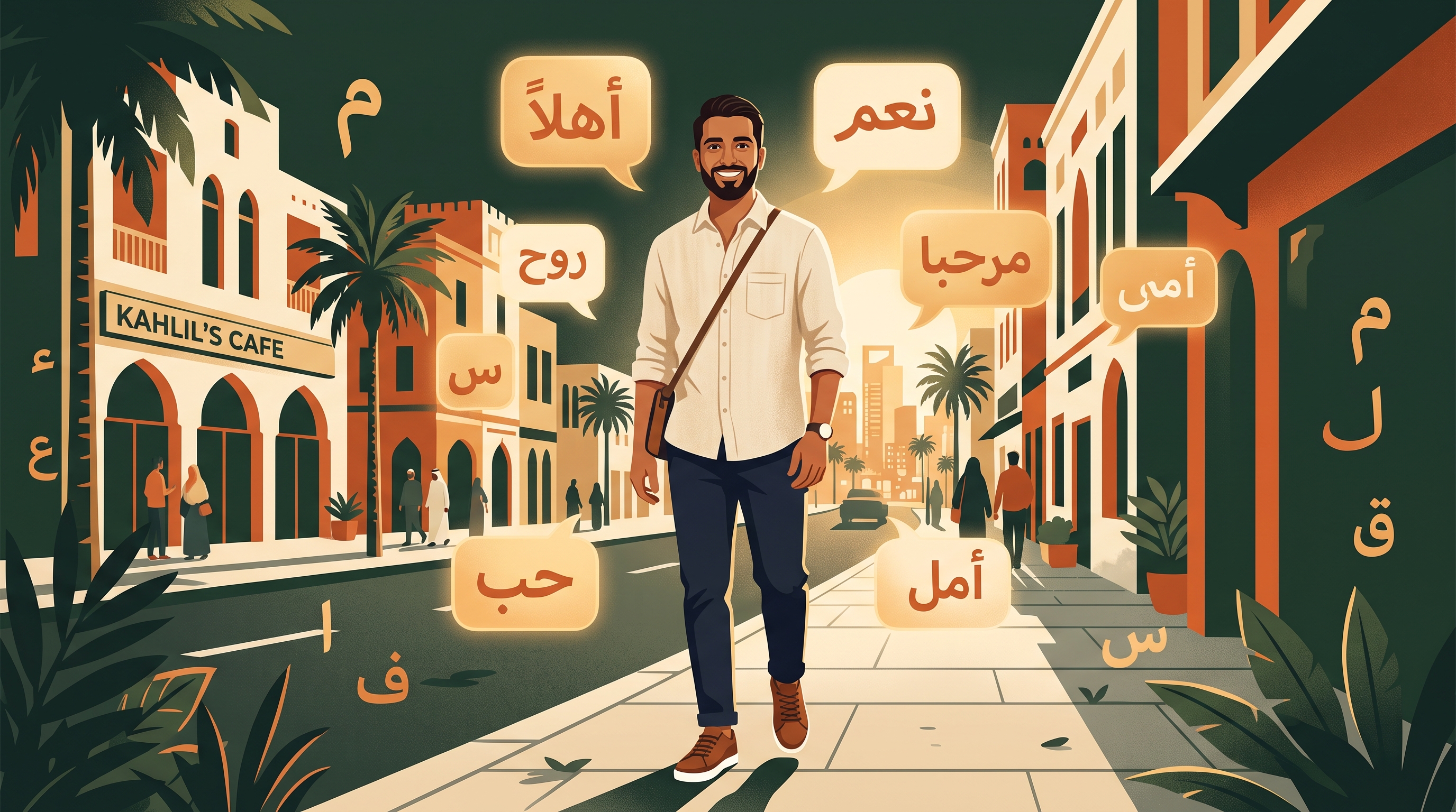 Confident expat man learning Gulf Arabic on a sunlit Gulf street