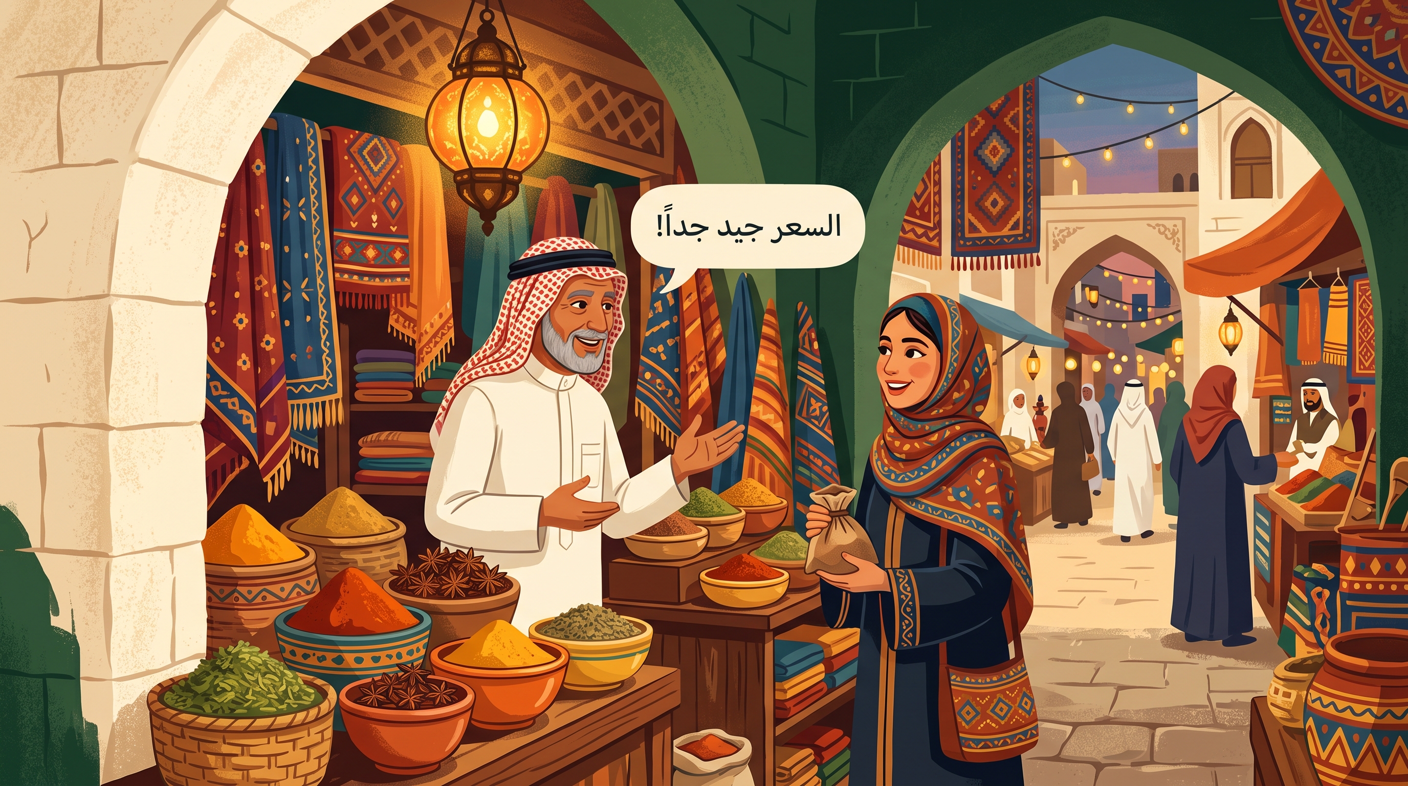 Lively Gulf souq stall with a customer and shopkeeper talking