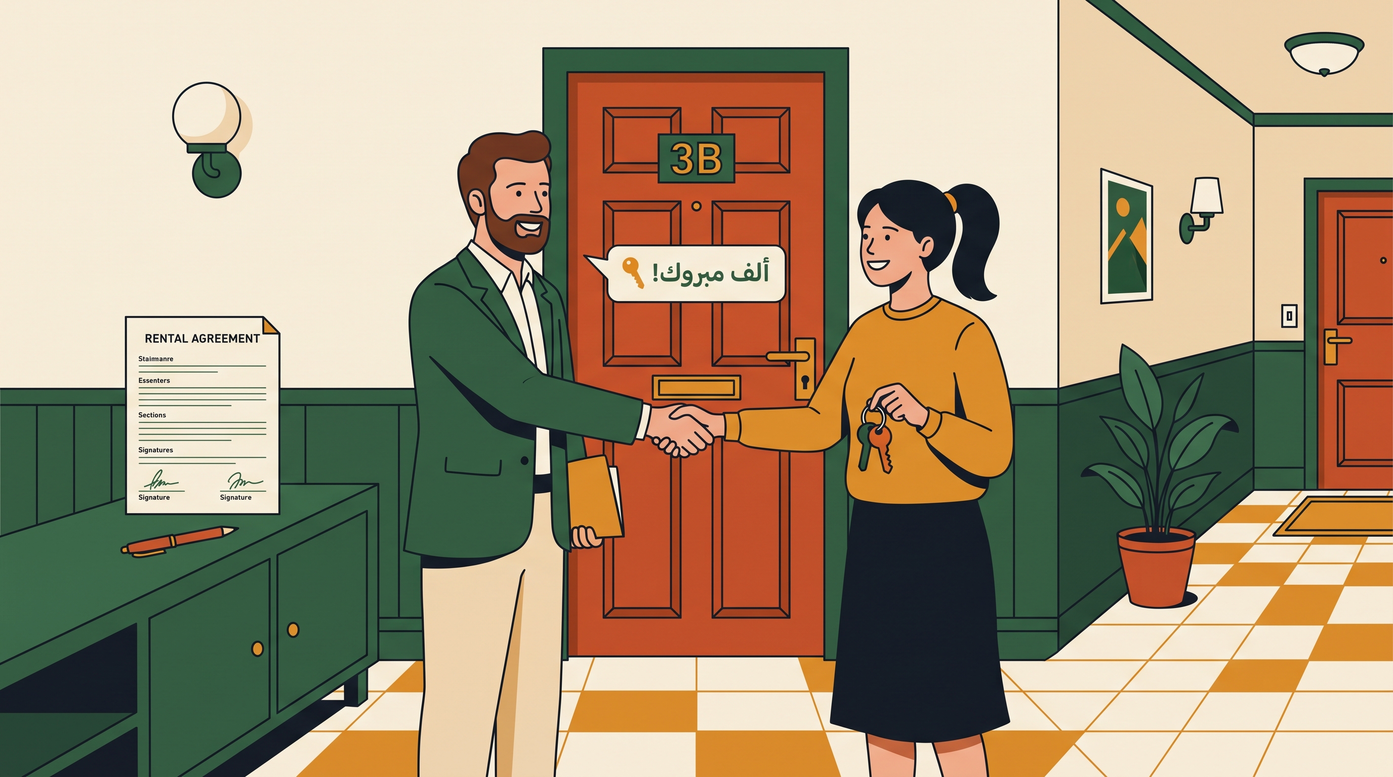 Tenant and landlord shaking hands in front of an apartment door