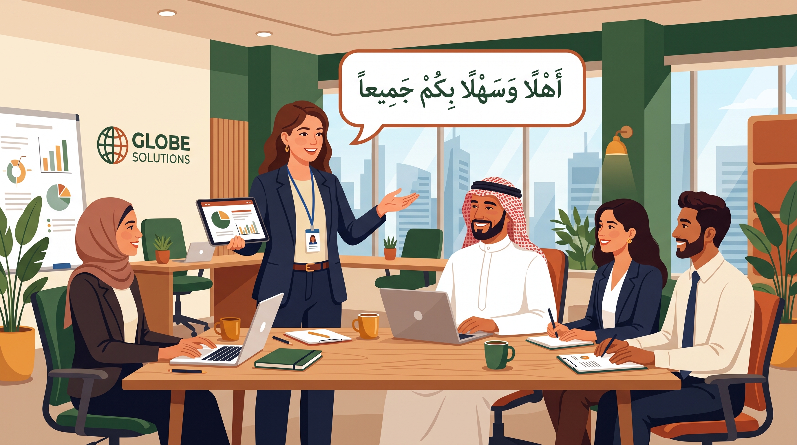 Expat employee talking confidently with an Arab manager and colleagues